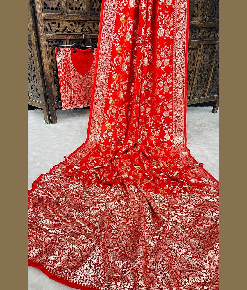 fab woven Kanjivaram Silk Woven Saree With Unstitched Blouse Piece ( Red )