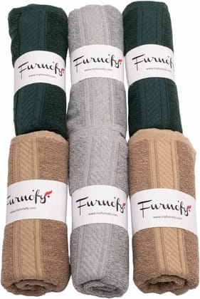 Furnofy Cotton 450 GSM Hand Towel Set Olive Green, Beige, Grey (Pack Of 6)