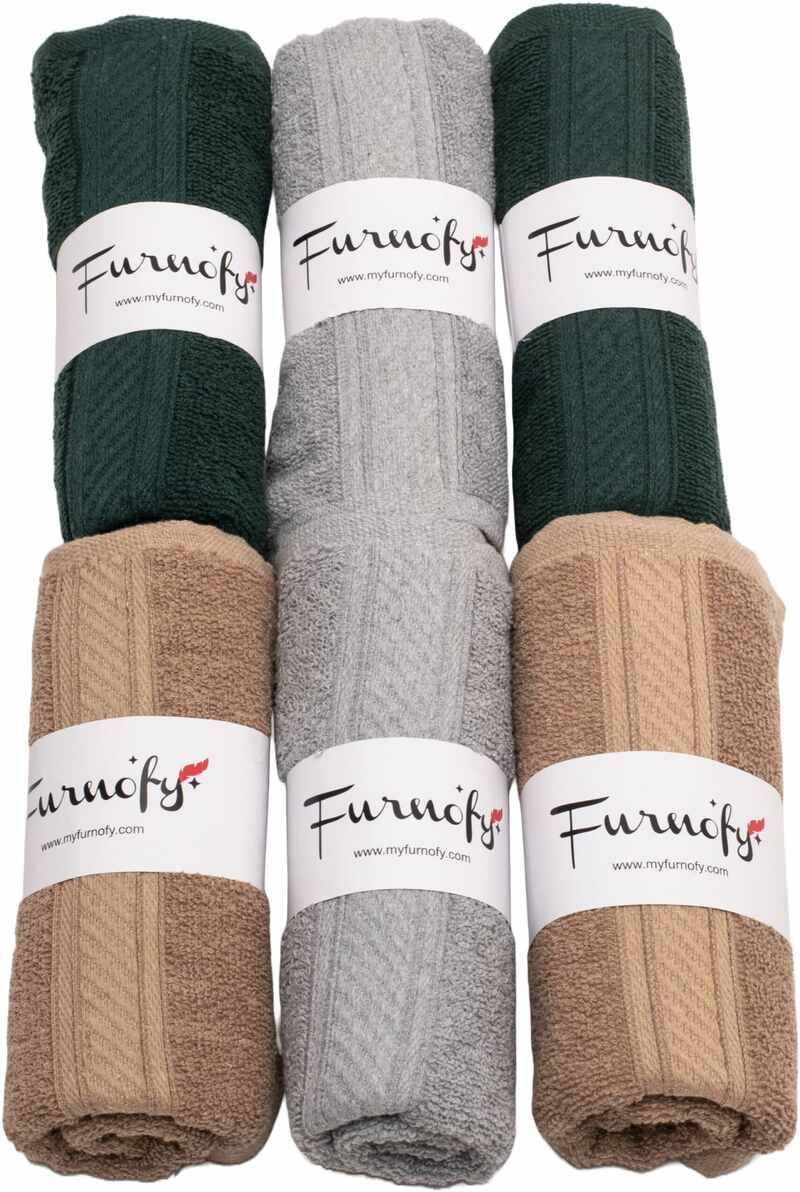 Furnofy Cotton 450 GSM Hand Towel Set Olive Green, Beige, Grey (Pack Of 6)