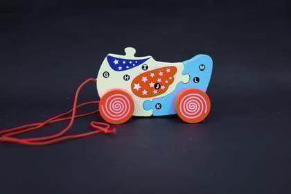 Wooden Alphabet Learning Puzzle, Educational Pull-Along Toy, Patriotic Stars Design, Red White Blue, Letters A-Z, with Wheels