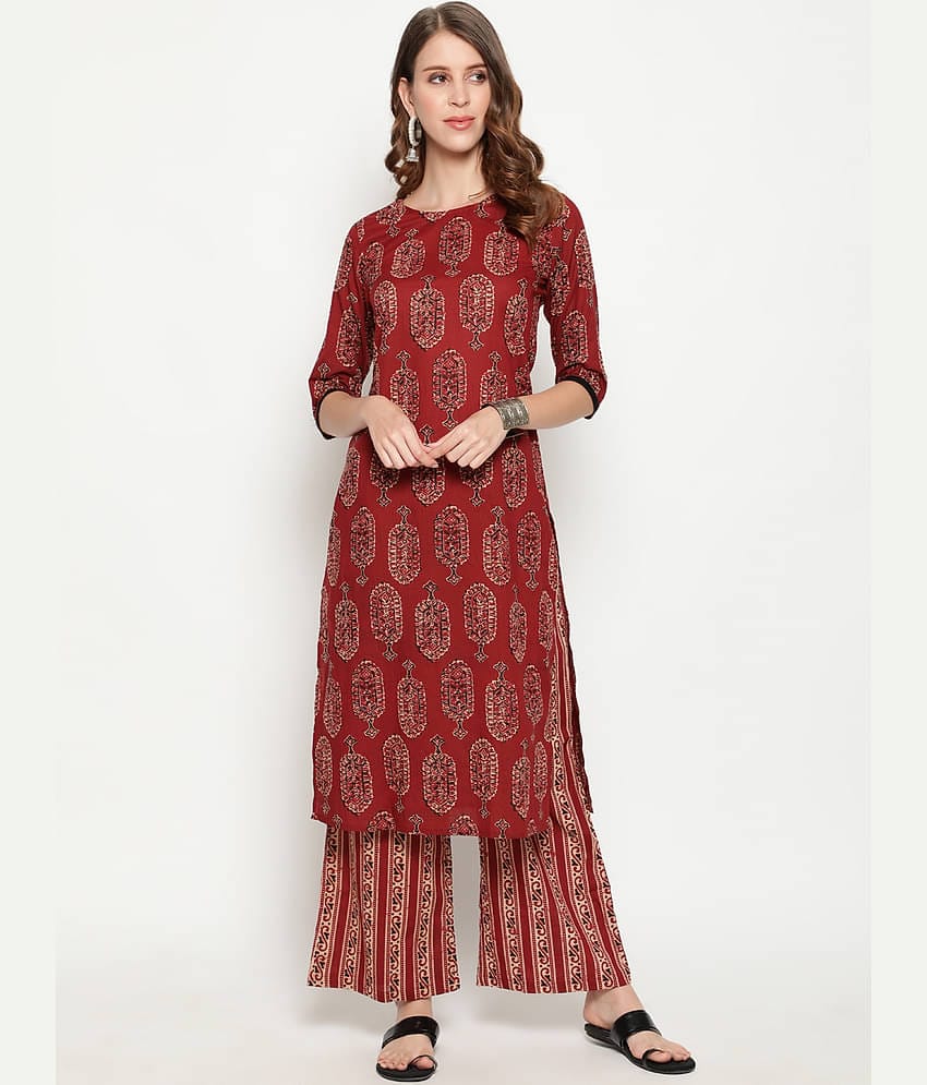 Antaran Cotton Printed Kurti With Palazzo Women's Stitched Salwar Suit - Red ( Pack of 1 )