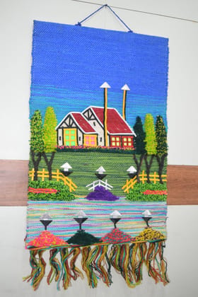 Handwoven Decorative Wall Tapestry, Countryside Village Scene with Houses, Trees, Colorful Landscape, Textile Art, Blue