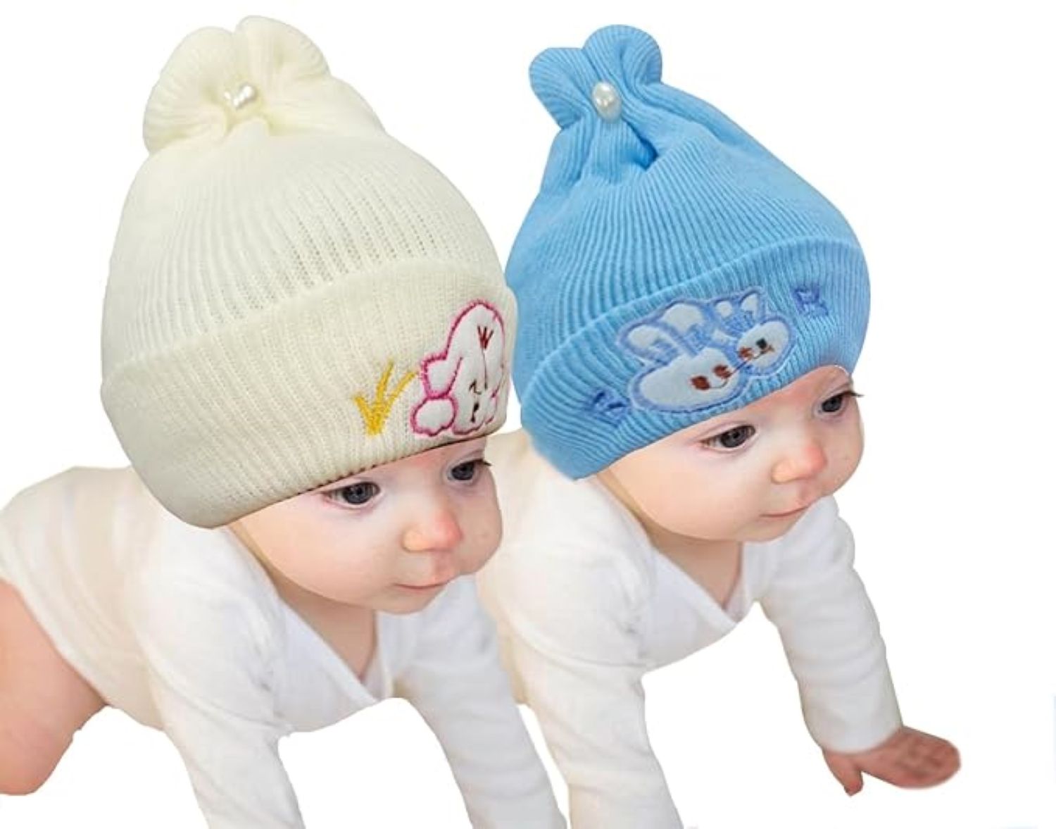 Fully Elastic Baby Cap with Cute Embroidery - Soft & Comfortable Infant Headwear- PACK OF 2
