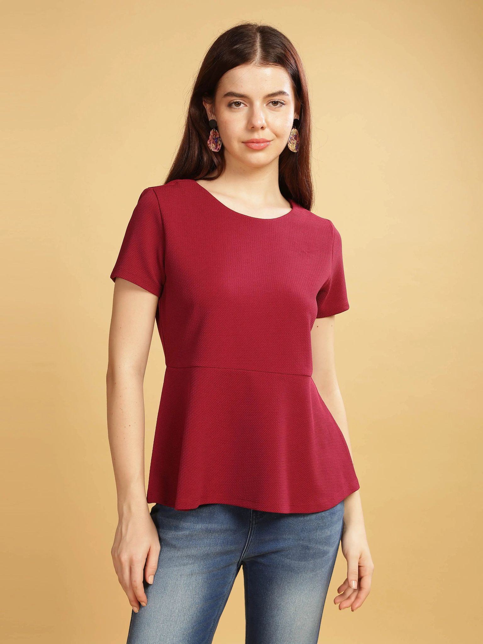 Women Karara Top, Short Sleeve, Polyester, maroon-M / Maroon