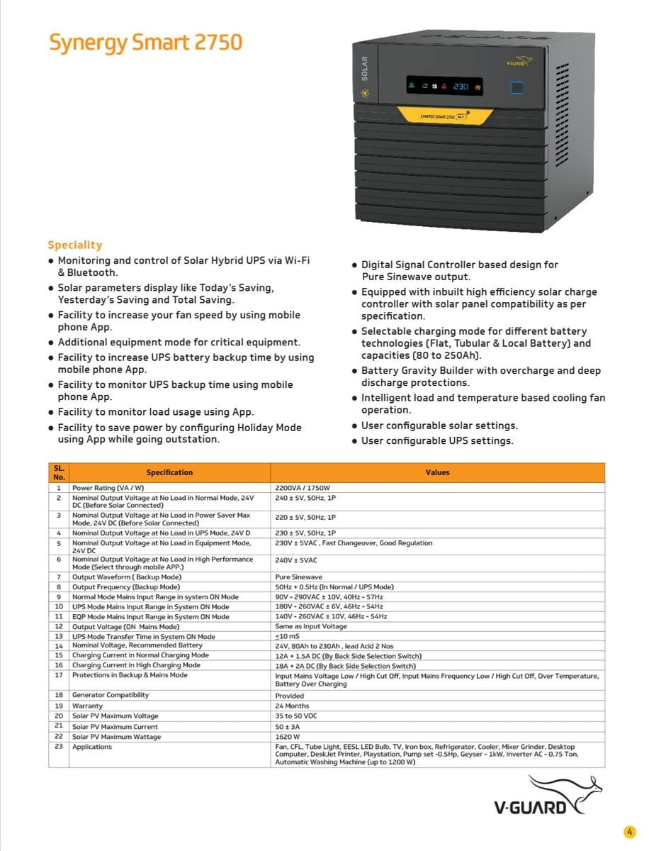V-Guard Synergy Smart 2750 Solar Hybrid Inverter (2200VA / 1750W) | Wi-Fi & Bluetooth App Control | Pure Sinewave Output