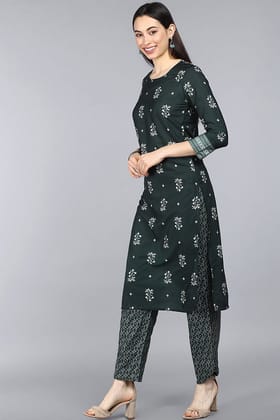 Dark Green Poly Crepe Floral Printed Straight Suit Set PKSKD1094 Dark Green Poly Crepe Floral Printed Straight Suit Set PKSKD1094