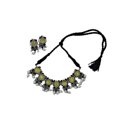 ANVAYACOLLECTIONS Oxidized, Vintage Style Yellow and Blue Stone Necklace Set with Pearl Drops, Traditional Black Thread Jewelry for Women