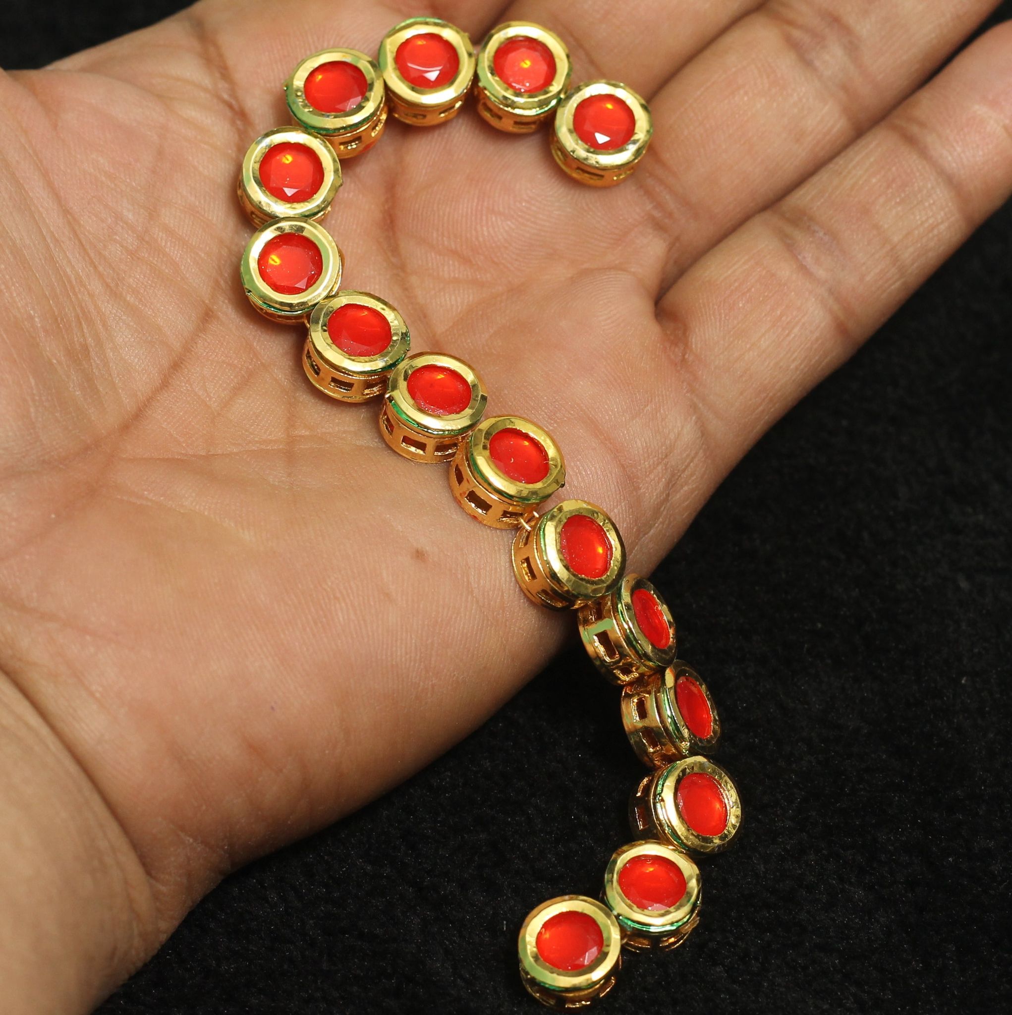 15 Pcs, 10mm Meenakari Kundan Kadi Chain Golden-Red / Kundan / Round
