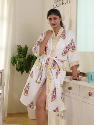 Waffle Cotton Handblock Printed Unisex Bathrobe - Free Size