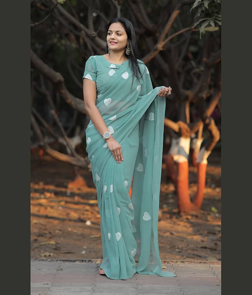 Aika Georgette Printed Saree With Unstitched Blouse Piece ( Sea Green )