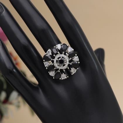 Black Color American Diamond Finger Ring (ADR581BLK)-Ring_Size_Adjustabl / Black / Brass With Good Quality Silver Plated