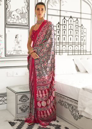 Cherry Red Satin Crepe Printed Saree