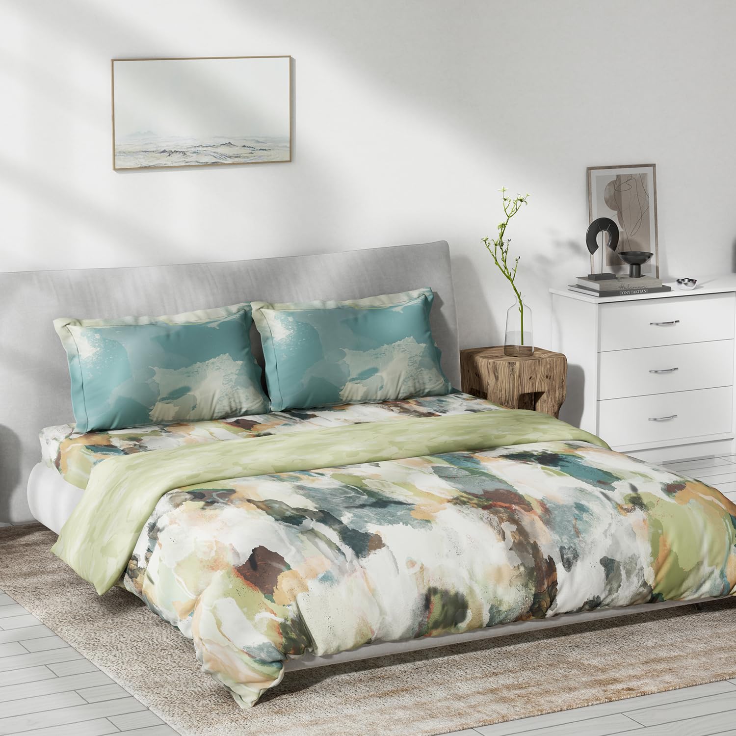 DDECOR - Primary Collection 100% Cotton Abstract Pattern 145TC King Bedsheet |254 CM X 274 CM|, Quilt and with 2 Pillow Covers - Green