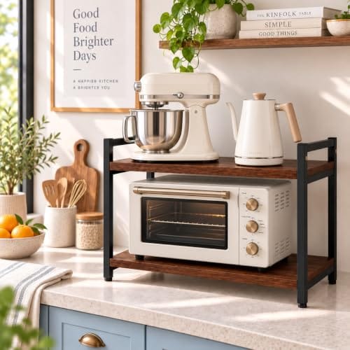 2-Tier Microwave Oven Stand for Kitchen – Metal & Wood Microwave Rack with Top Storage Shelf – Multipurpose