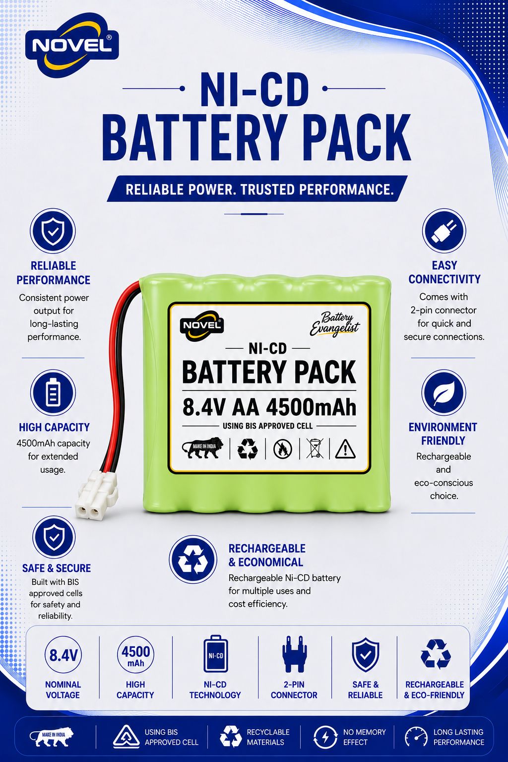 NOVEL 8.4V AA 4500mAh NI-CD Rechargeable Battery KET 2 PIN