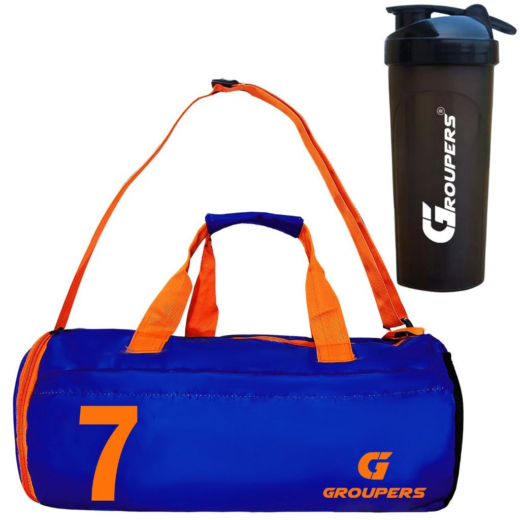 GROUPERS Combo Set of Duffle Polyester Bag with Shaker Bottle-700mllDuffle Bags Travel (Blue 07)