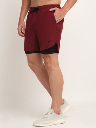 Invincible Men's Double Layered Shorts-Burgundy / S