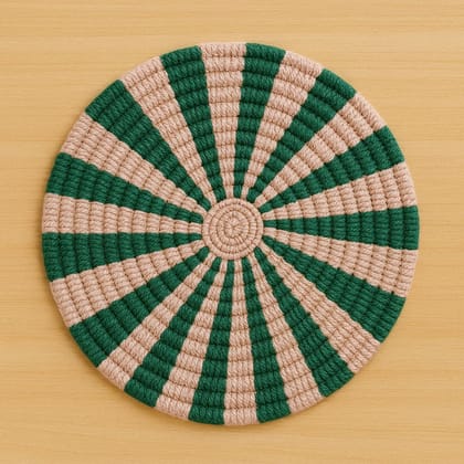 Handwoven Green & Beige Round Decorative Coaster