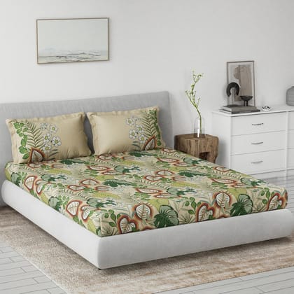 DDECOR - Primary Collection 100% Cotton Leaves Pattern 145TC King Bedsheet |229 CM X 274 CM| with 2 Pillow Covers - Green