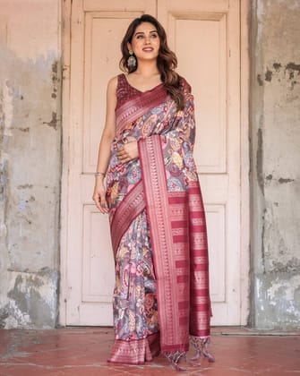 Wine Banarasi Silk Saree with Paisley and Floral Digital Print & Zari Border-Regular
