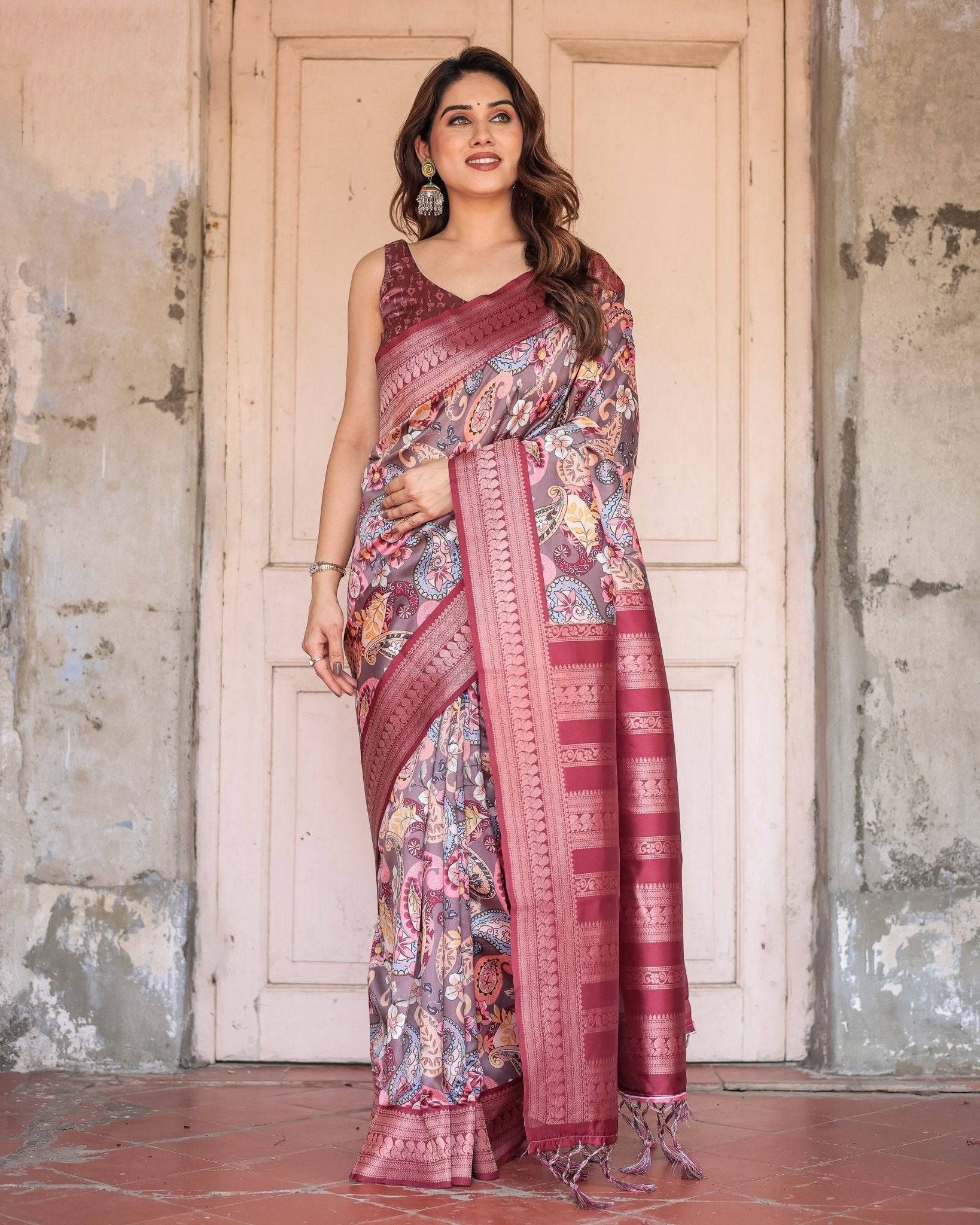 Wine Banarasi Silk Saree with Paisley and Floral Digital Print & Zari Border-Regular