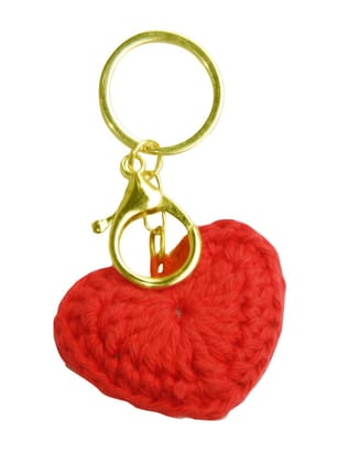 Sukeshcraft Handmade Crochet Heart Keychain, Red Yarn with Gold Chain