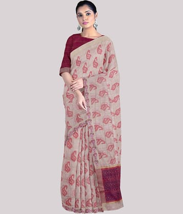 KSR HANDLOOM PVT LTD Cotton Printed Saree With Unstitched Blouse Piece ( Cream )