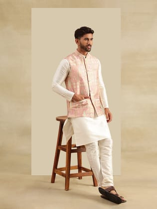 Men's Silk Blend Cream Kurta and Pyjama With Jacquard Silk Pink Nehru Jacket-38