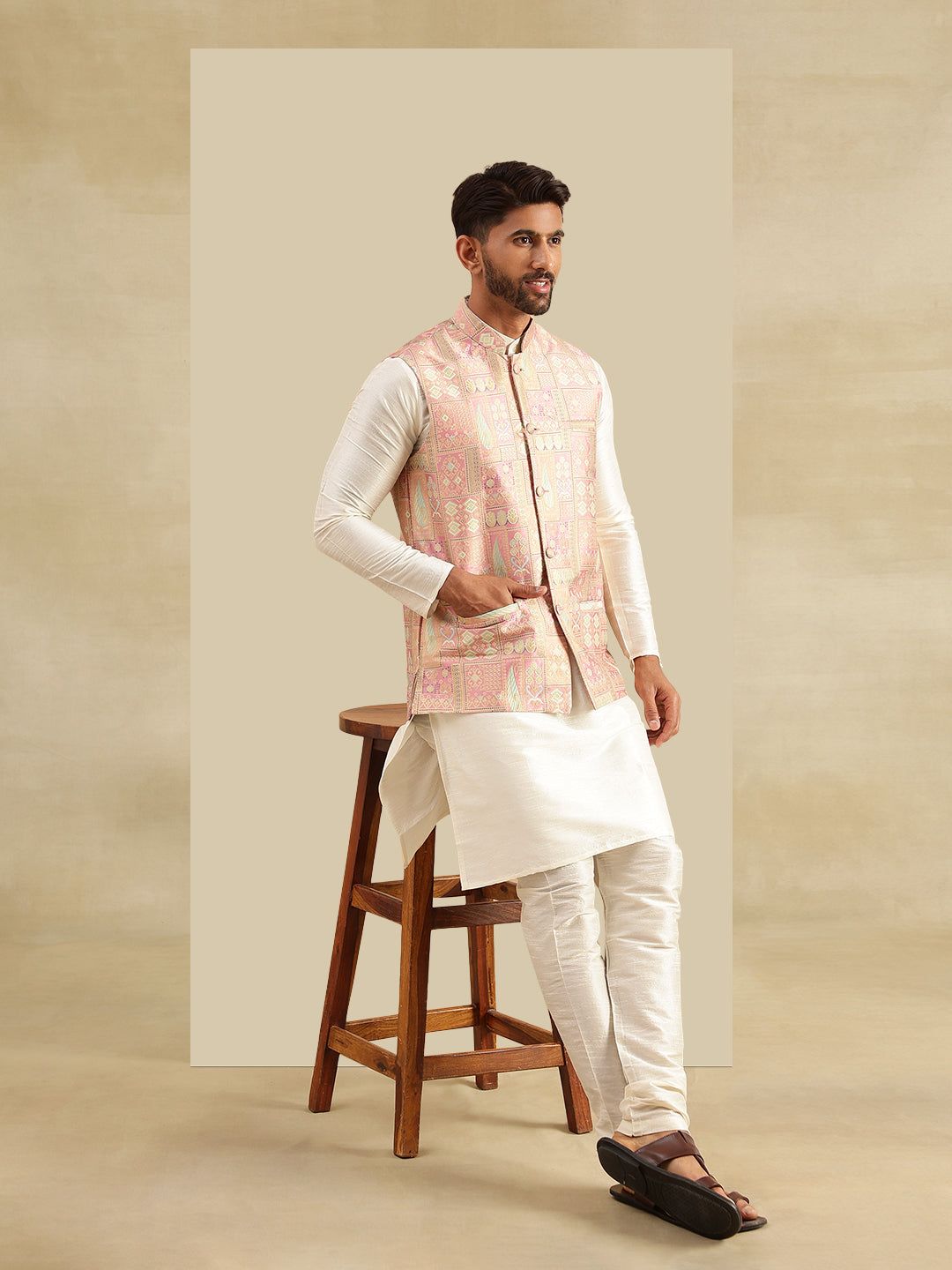 Men's Silk Blend Cream Kurta and Pyjama With Jacquard Silk Pink Nehru Jacket-38