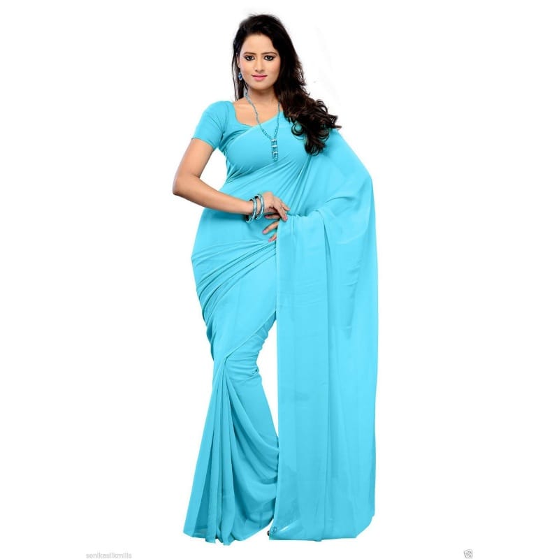 Generic Women's Georgette Plain Saree with Blouse (Sky Blue, 5 - 6 Mtrs)