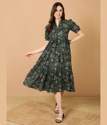 Antaran Women Cotton Printed Fit & Flare Dress ( Blue )