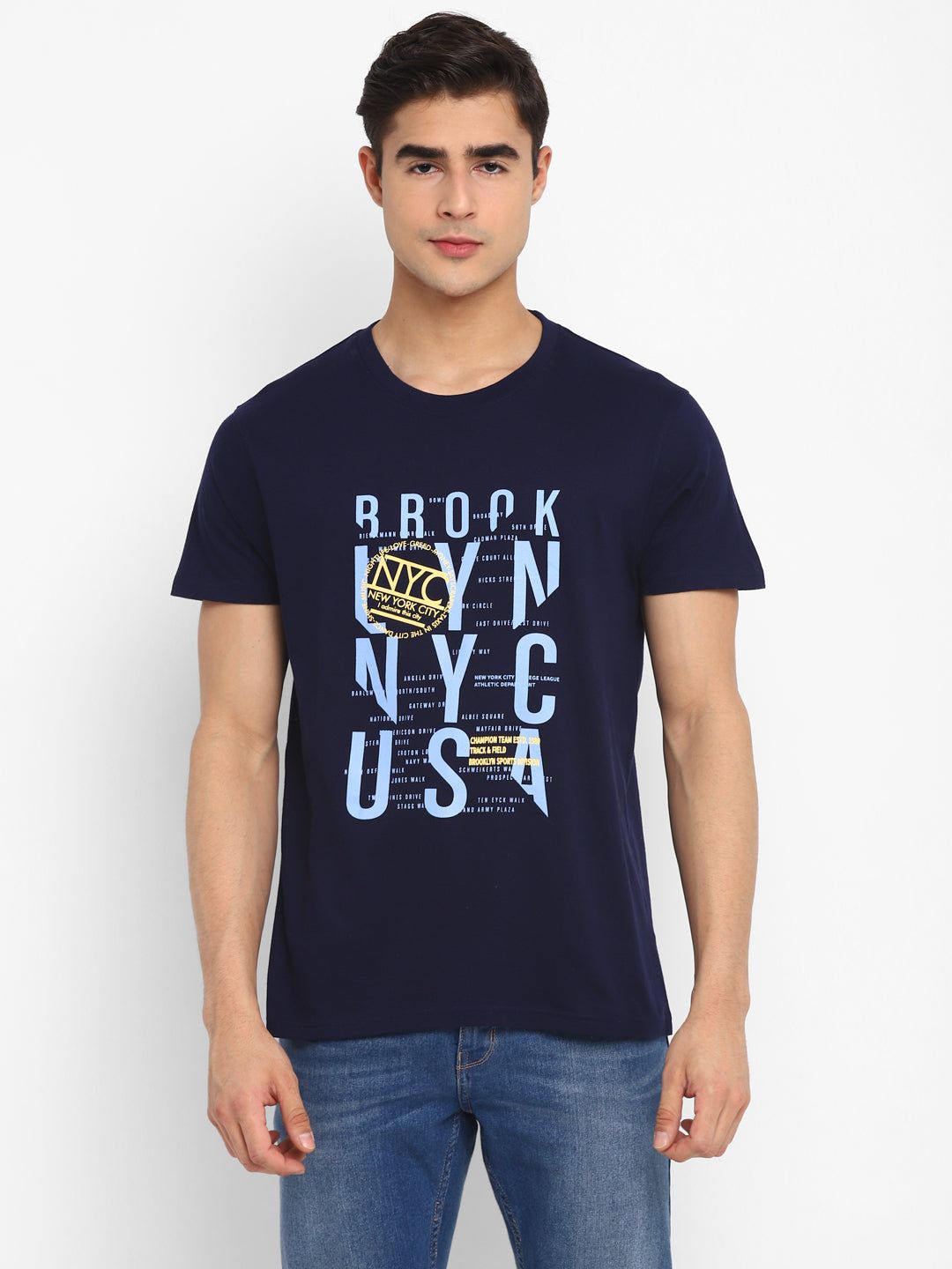 100% Cotton Printed Round Neck T-Shirt for Men - Navy-M / Navy