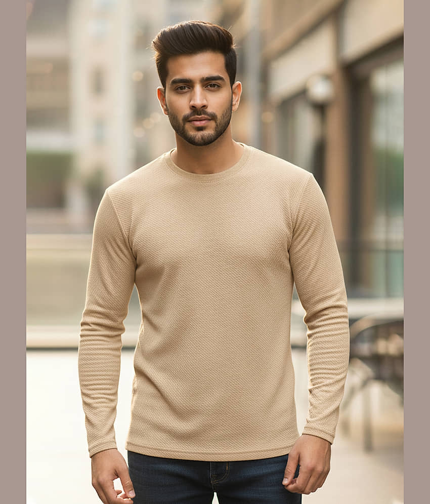 CUBIQ Men Cotton Blend Regular Fit Solid T-Shirt ( Beige )