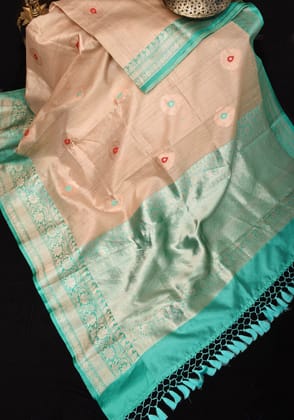 Banarasi Tussar Silk Saree in Elegant Natural Color with Cyan Borders and Meenakari Buttas | SILK MARK CERTIFIED