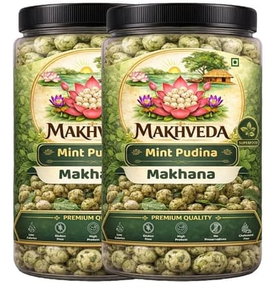 MAKHVEDA - Mint Pudina Makhana | Roasted Fox Nuts | Popped Lotus Seeds | Healthy Snack | Low Calorie, High Protein, Gluten Free | Refreshing & Crunchy ( 80g x 2 Pack )