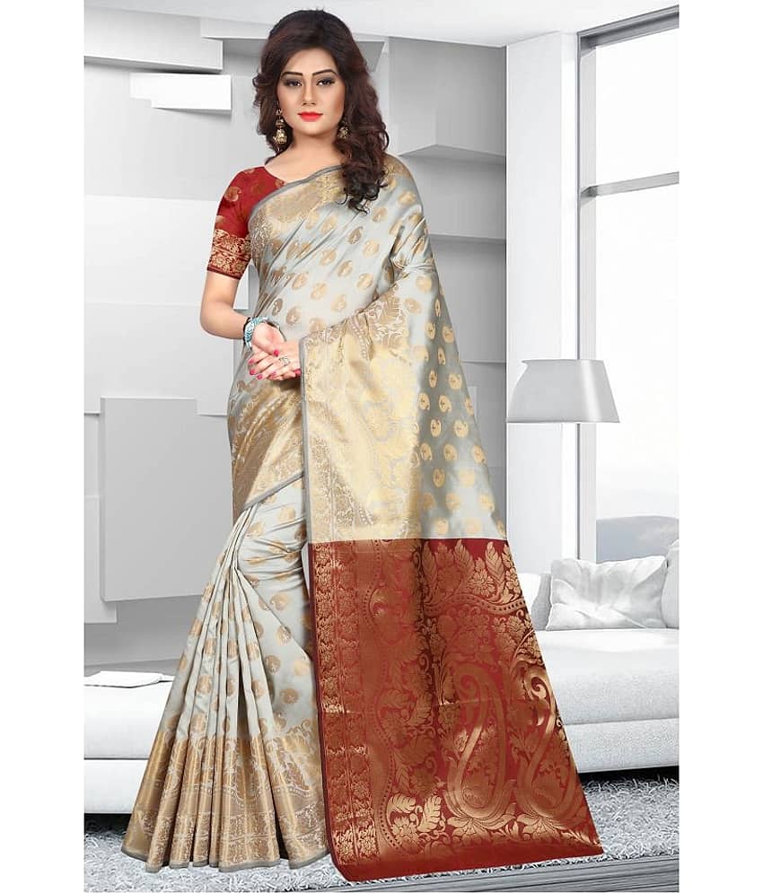 Gazal Fashions Silk Printed Saree With Unstitched Blouse Piece ( Beige )