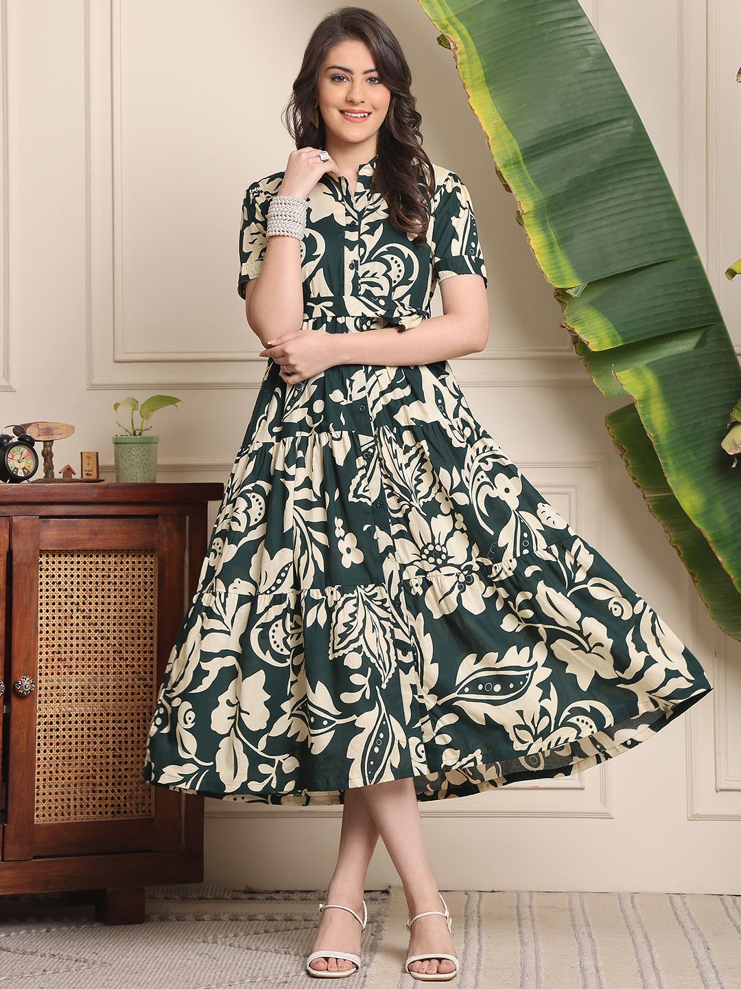 Green Colour Floral Printed Cotton Dress For Women-S