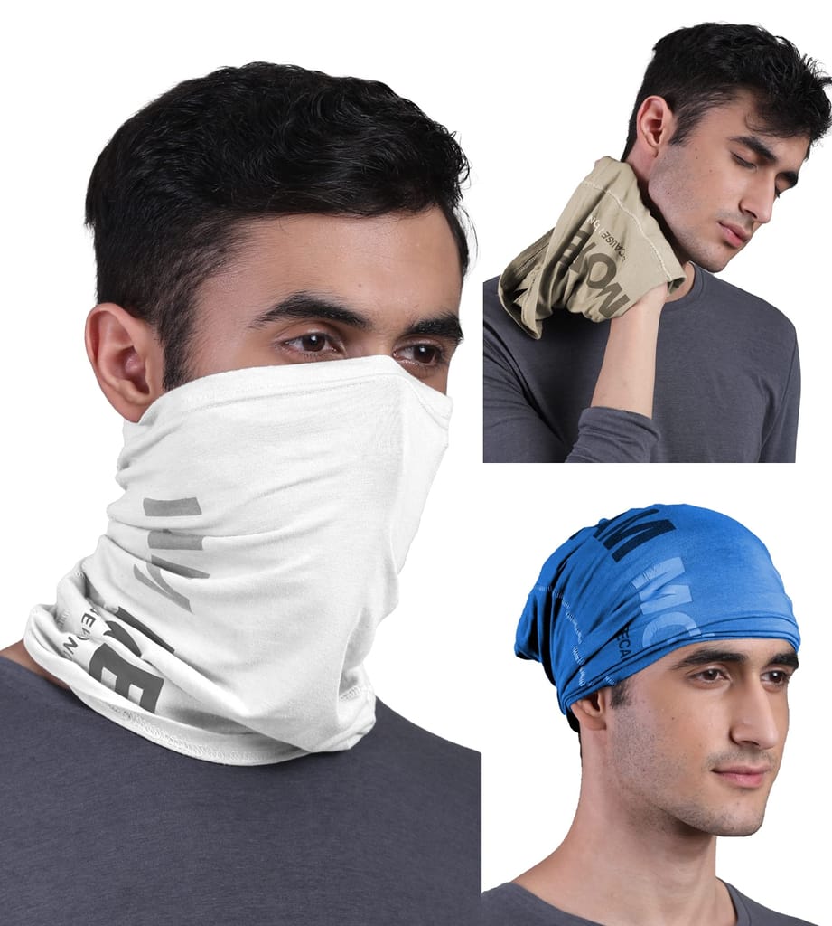 FREECULTR Unisex Bamboo Bandana, Anti Microbial Super Soft & Comfort Fit, Breathable Multipurpose Headband, Face Mask for Dust Protection and Sun - Printed Pack of 3-Beach Sand,Pilot Blue,White
