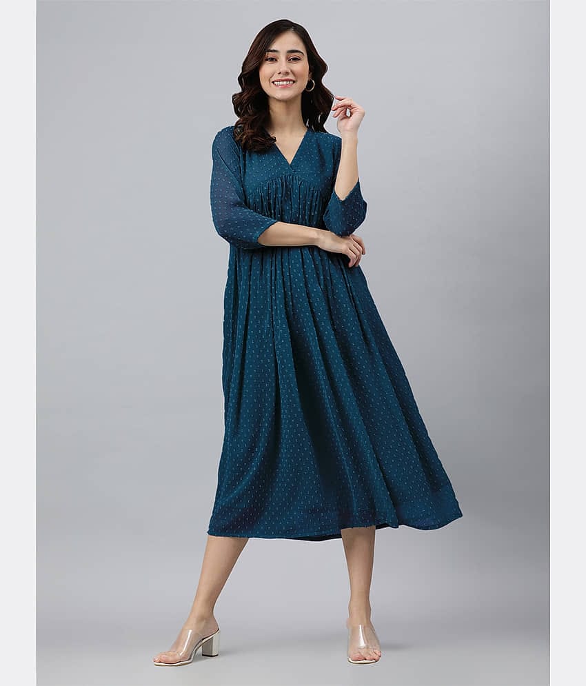 Janasya Pack of 1 Chiffon Self Design Flared Women's Kurti - ( Teal )