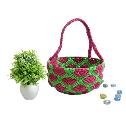 Macrame Pooja Basket Green & Dark Pink