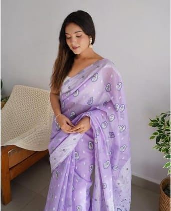 Women's Cotton Printed Saree With Unstitched Blouse 5.5Mtr (Lavender)-PID60310