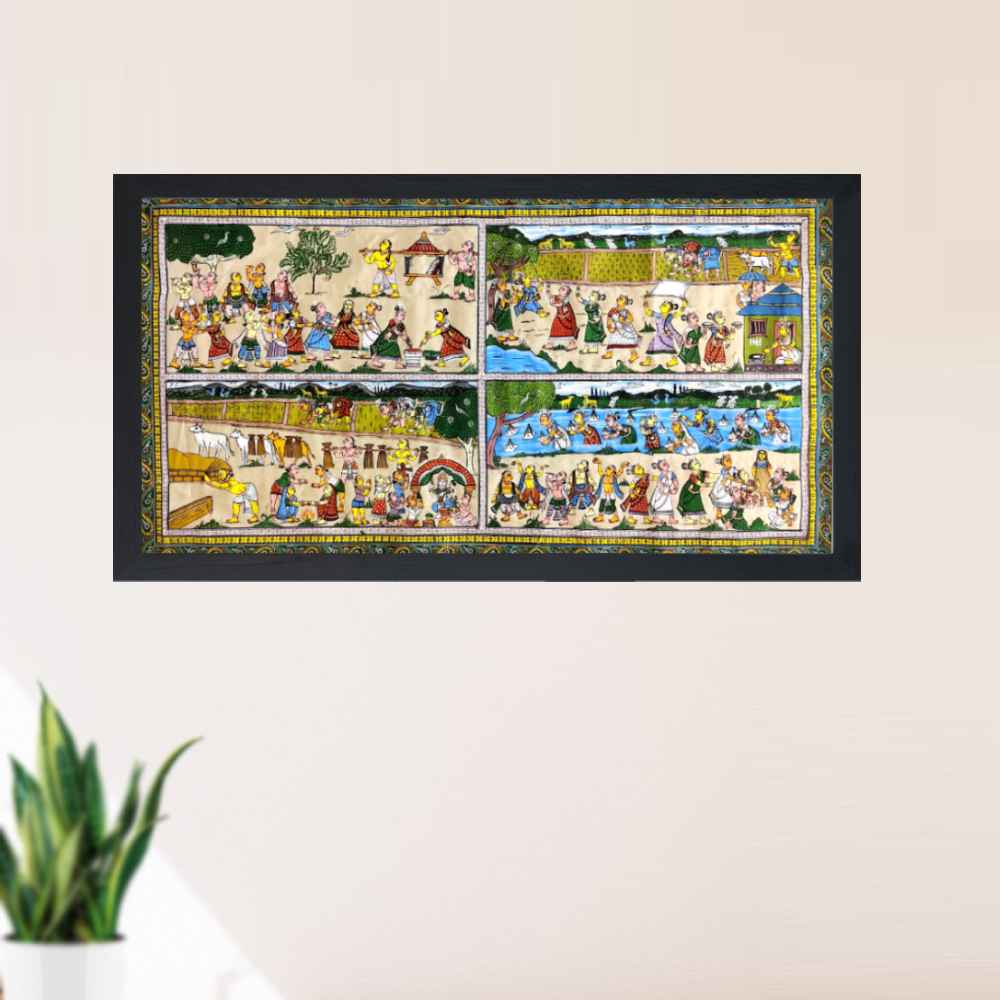 Village Life Patta Tussar Painting