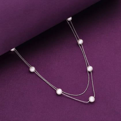 Double Dazzle Pearl Silver Chain Necklace-Pearl / Silver