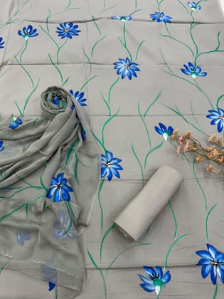 Hand Painted Cotton Suit With Chiffon Dupatta