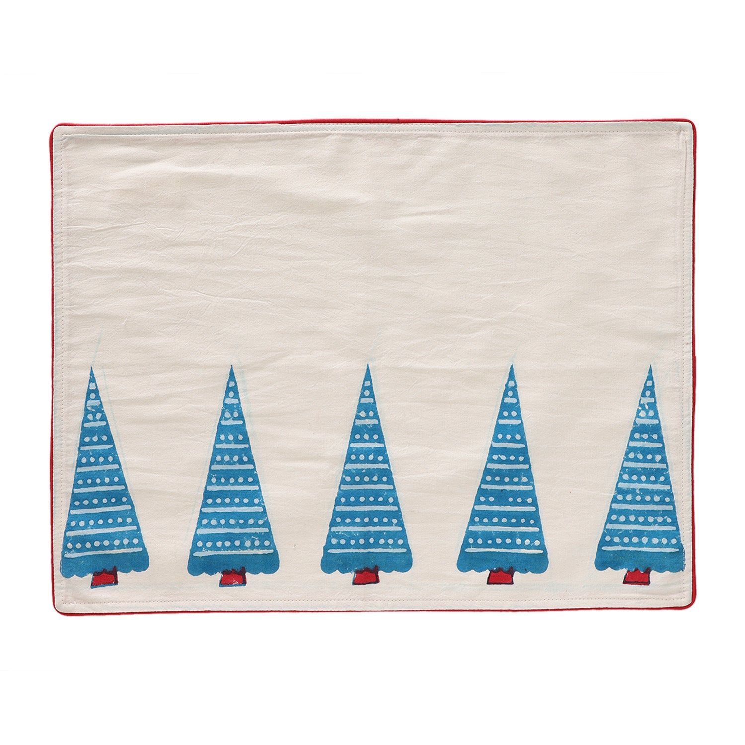 Hand Block Printed Cotton Table Mat in White, Blue & Red Tree Pattern - 14x18-14 inches x 18 inches / White / Blue / Red / 100% Cotton