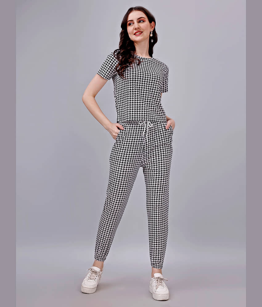 Leewan Women Checks T-Shirt With Joggers Co-Ord Set ( Black )