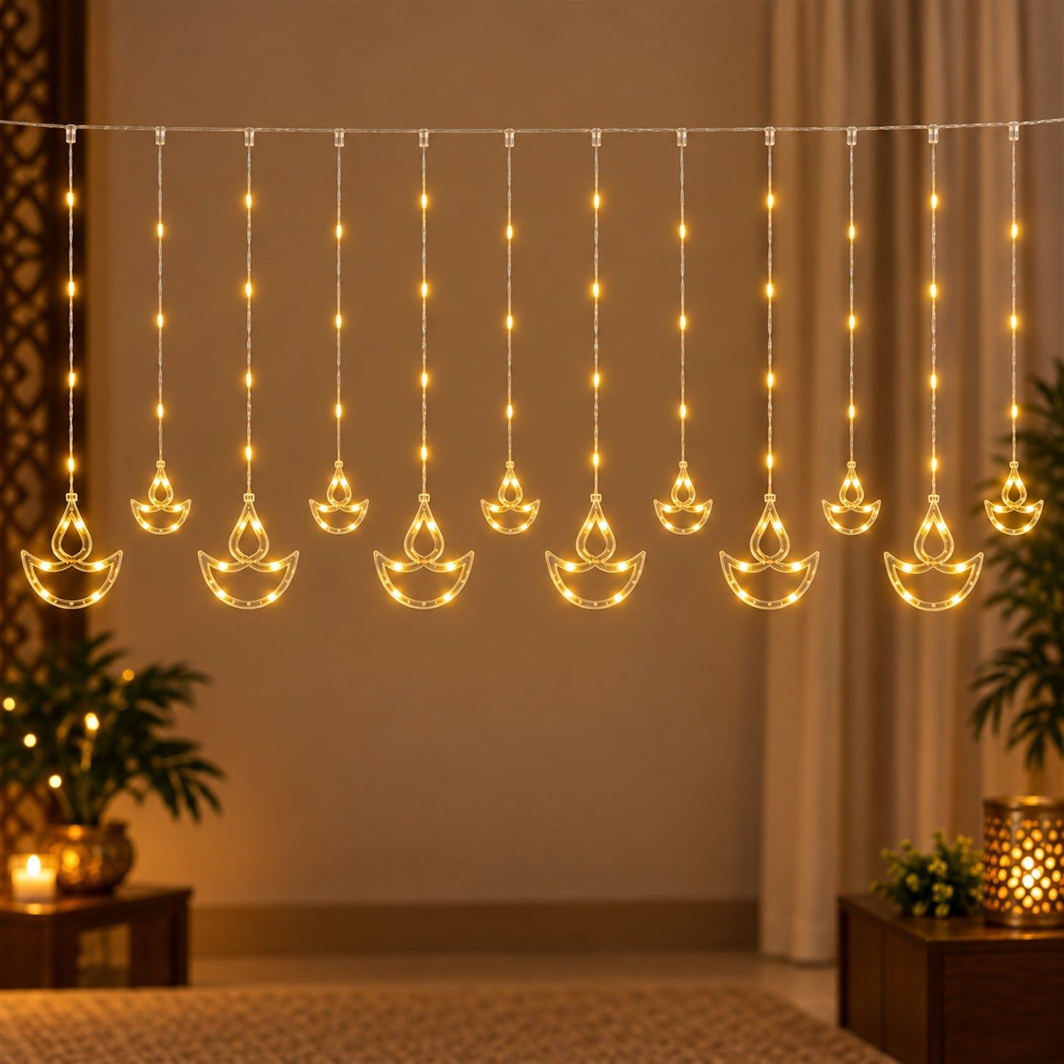 Warm White LED Diya Curtain Light Series for Diwali Decor (12 Hanging Diyas)