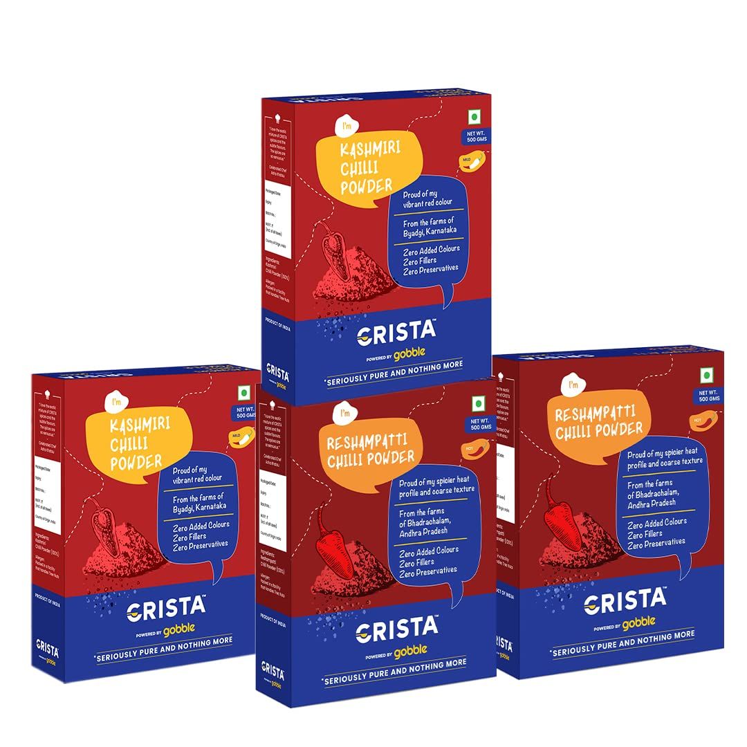 CRISTA Kashmiri Chilli Powder x 2 & Reshampatti Chilli Powder x 2 Combo Pack, 500 gm Each - Pack of 4