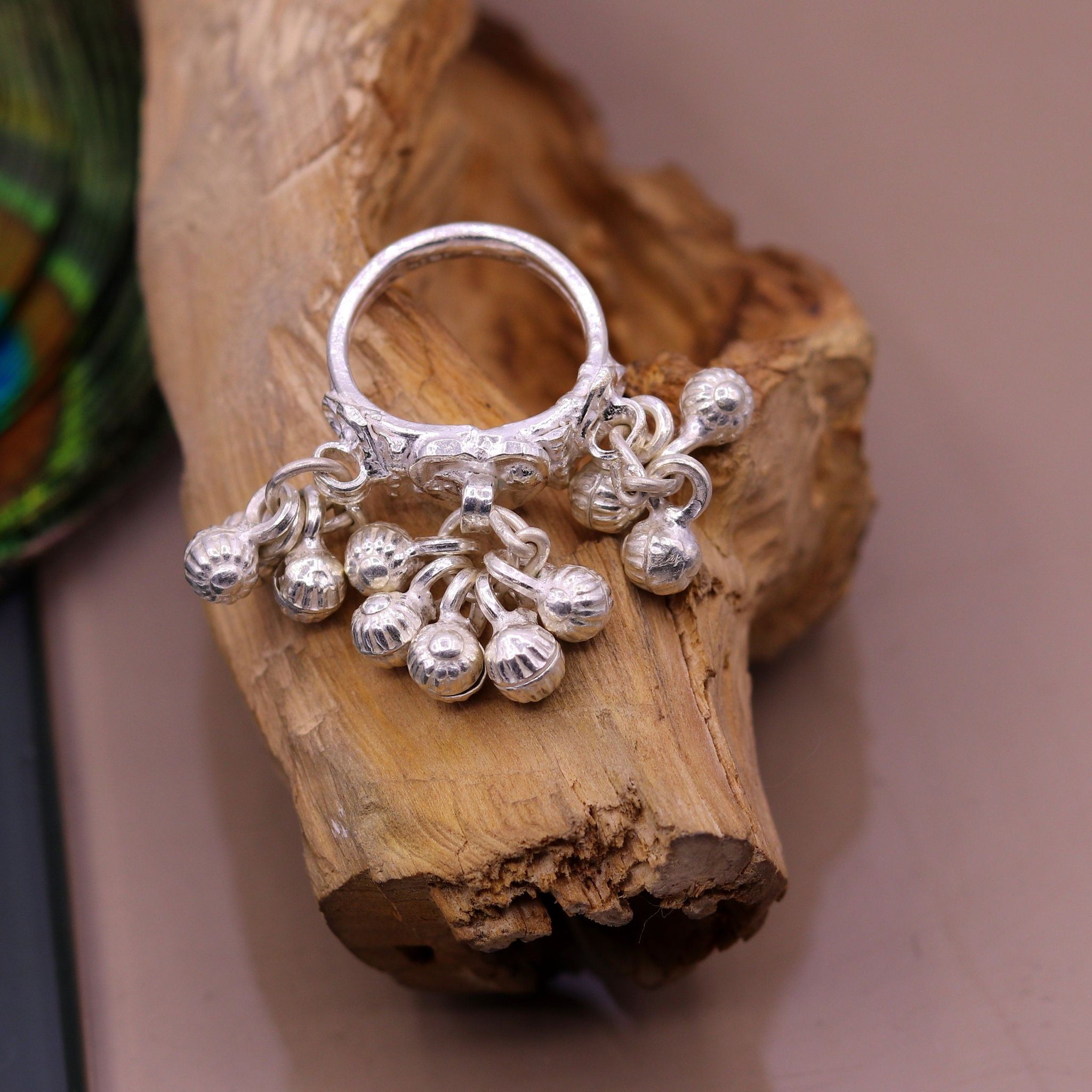 Sterling silver handmade gorgeous charm ring with fabulous noisy bells, excellent belly dance tribal antique jewelry india sr0208-4 1/2
