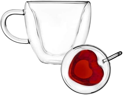 Heart Shaped Transparent Double Walled Insulated Glass Coffee Mugs or Tea Cups with Unique Handle, Borosilicate Glass Fancy Mug for Espresso, Latte, Cappuccino (170 ML,Set of 1)